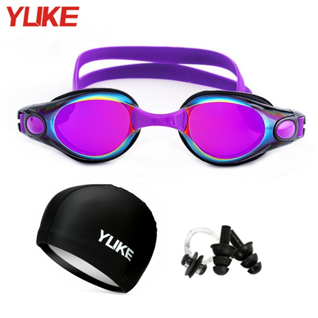 Swimming Goggles Men Women silicone adult Pool glasses Adjustable Swim Eyewear With swim hat Nose clip earplug 1032: Purple