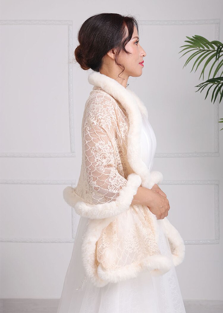 Women bolero Trendy Soft Rice white Shawls Lace Cloak Faux Fur Short plush outwear shrugs for ladies Wedding Bridal cape dress