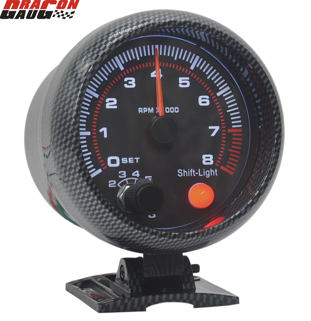 Dragon 3.75 Inch Carbon Grain Paint Shell White Shift-Light Car Tachometer Gauge 0-8000 RPM Meter Warning Function