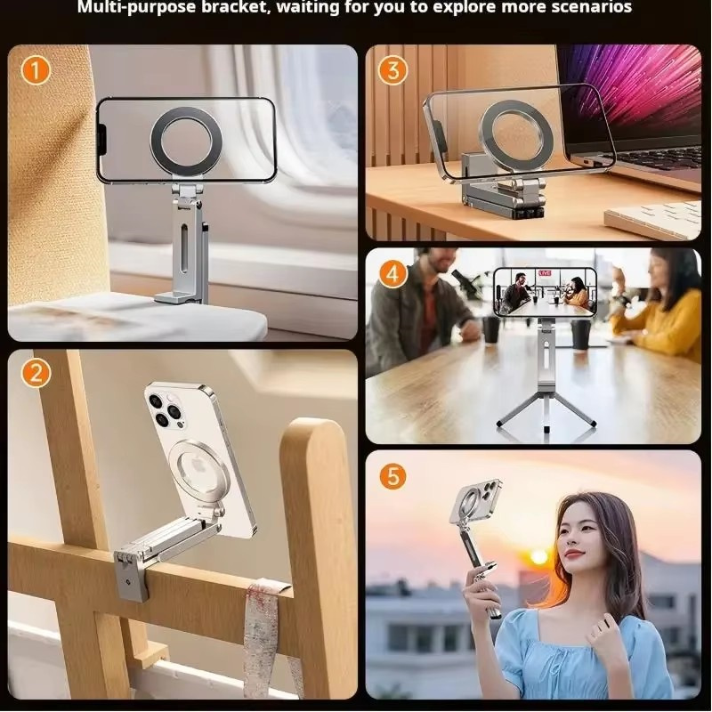 Trípode magnético plegable para teléfono 360 ° Soporte Soporte de viaje portátil para iPhone y Android Escritorio/avión/tren de grabación de vídeo manos libres