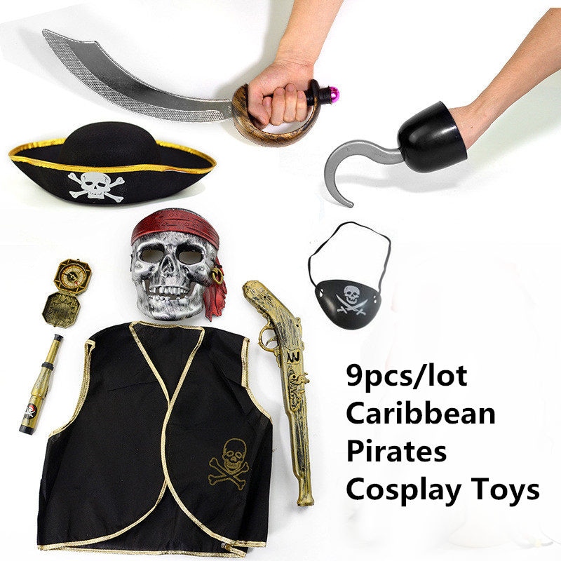 9 teile/los Halloween Abendkleid-partei Cosplay Caribbean Piraten Spielzeug Kunststoff Schwert Piraten + Hütte + Pirat PVC pistole + maske Cosplay requisiten