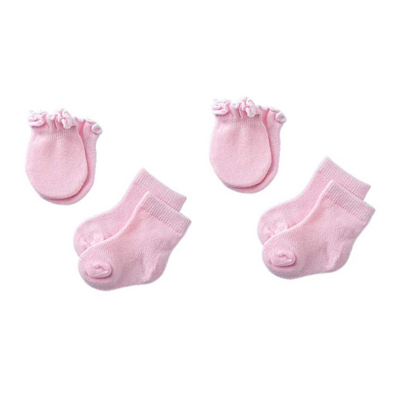 Cotton Infant Baby Socks +Lace Anti-Scratch Gloves Socks Blue /Pink 4pair (two Pairs Gloves Two Pairs Socks) F: Pink