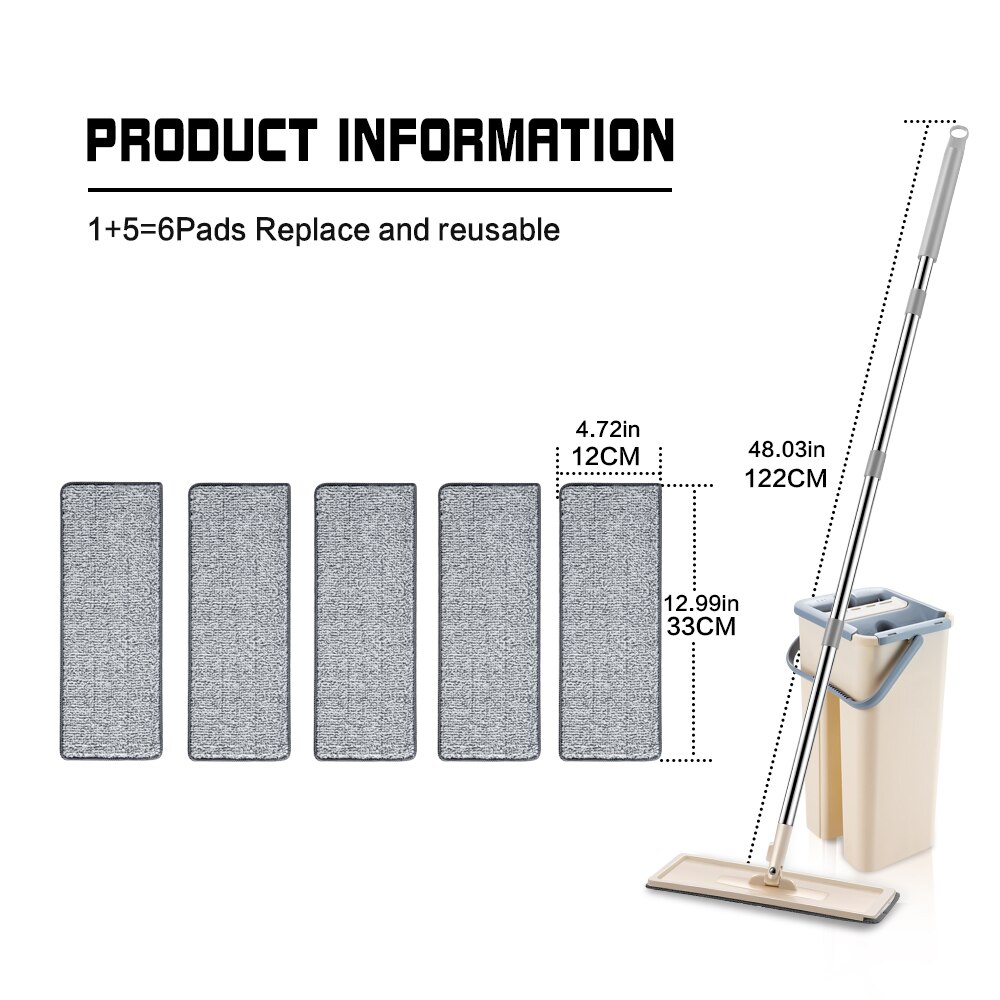 Trapeador plano con cubo Trapeador doméstico ajustable de 360 ​​grados para trapear el piso de secado rápido sin manchas sin lavarse las manos: Brown 6pcs Pads