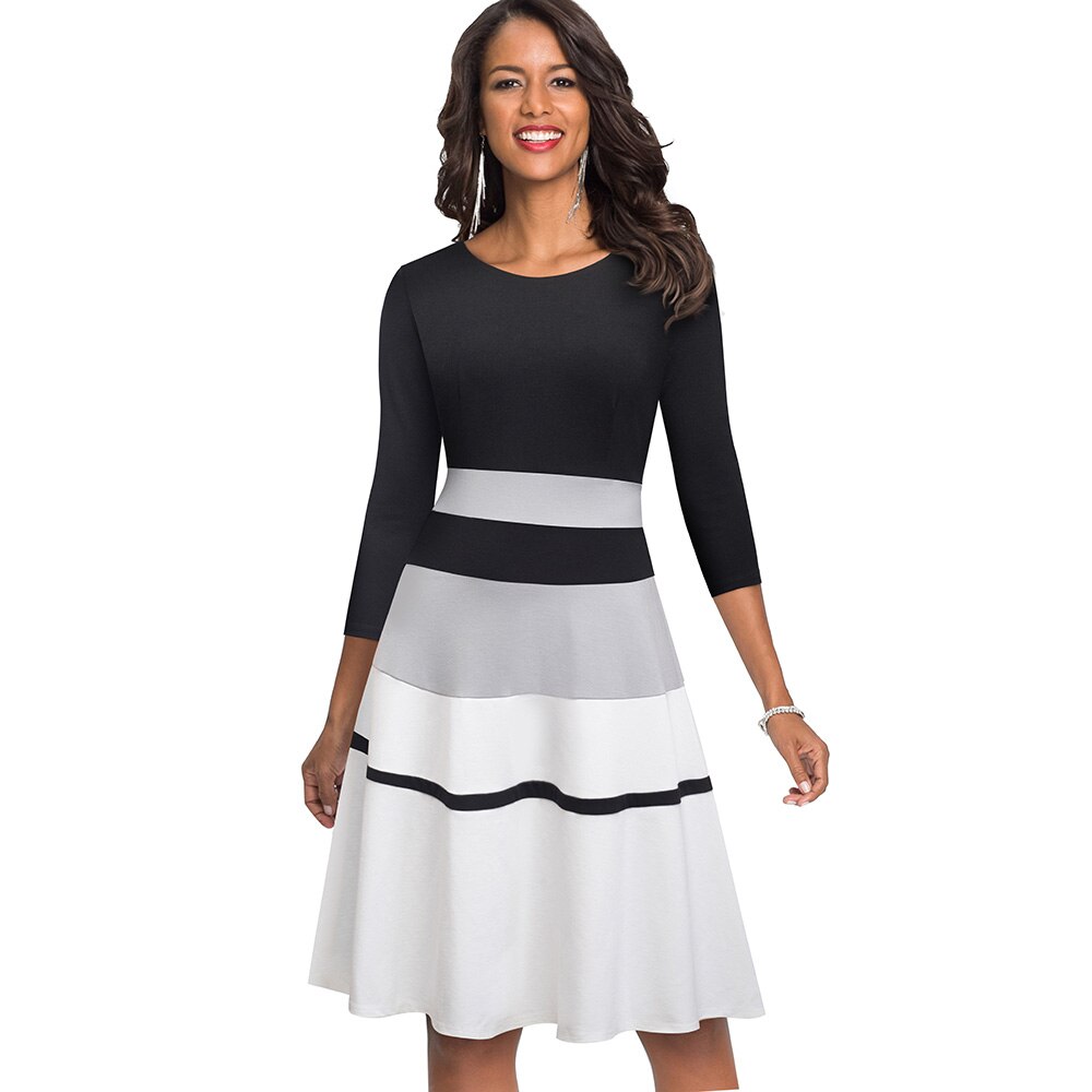 Nice-forever Retro Contrast Kleur Patchwork vestidos Business Party Flare A-lijn Vrouwen Winter Jurk A173: Black / S