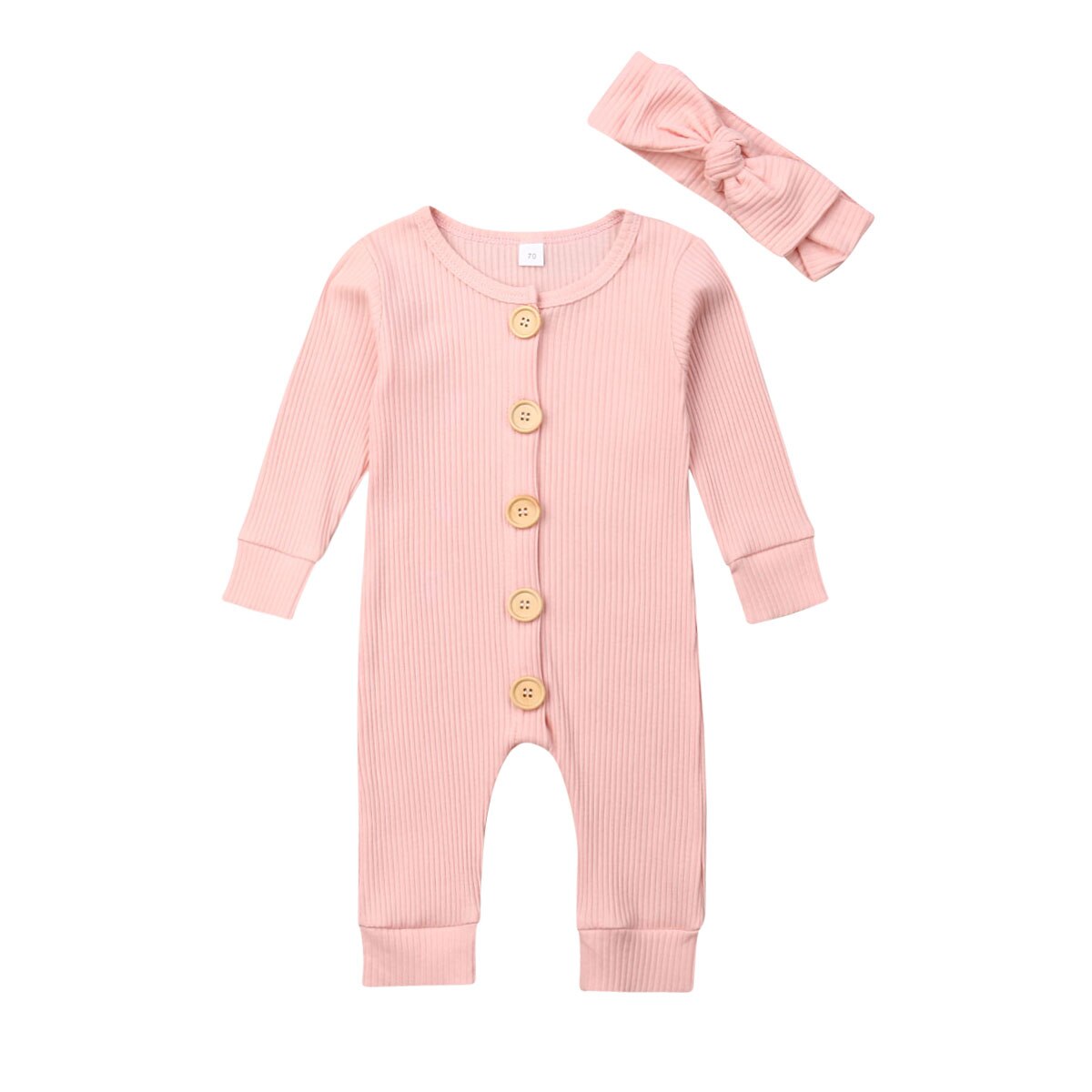 2 Stuks Pasgeboren Baby Gebreide Solid Jumpsuit Meisje Jongen Kleding Lange Mouw Herfst Romper Lange Mouw Hoofdband Outfit Kleding: Roze / 12m