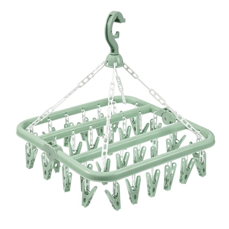 Colgador de secador de ropa plegable, estante de secado de plástico multifuncional para el hogar, dormitorio, balcón, armario, tendedero W, 32 Clips: Green