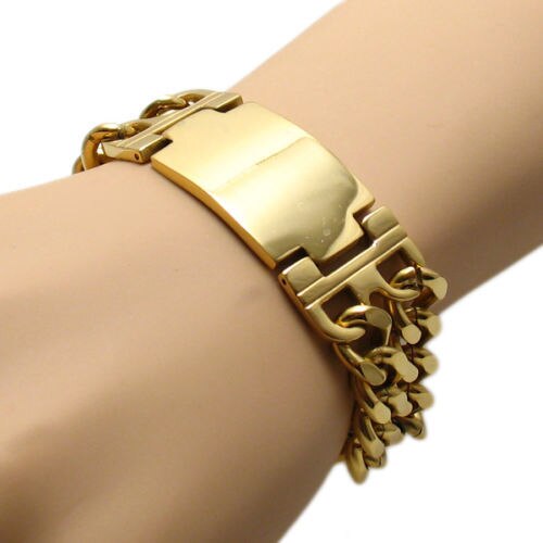 Granny Chic Verkoop Mannen Rvs 23 Mm Brede Dubbele Curb Cubaanse Link Chain Armband Sieraden: Gold Smooth ID