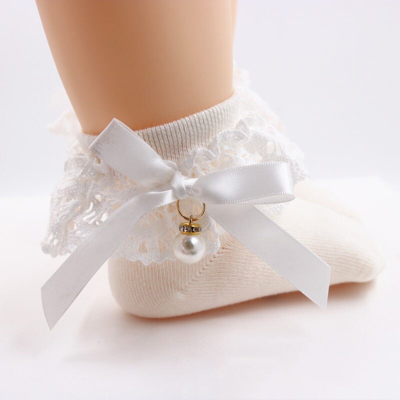 SchöNe Spitze Rüsche Baby Socken Perle Bogen Prinzessin Baby Mädchen Socken Baumwolle Weichen Säuglings Kleinkind freundlicher Socken meia infantil