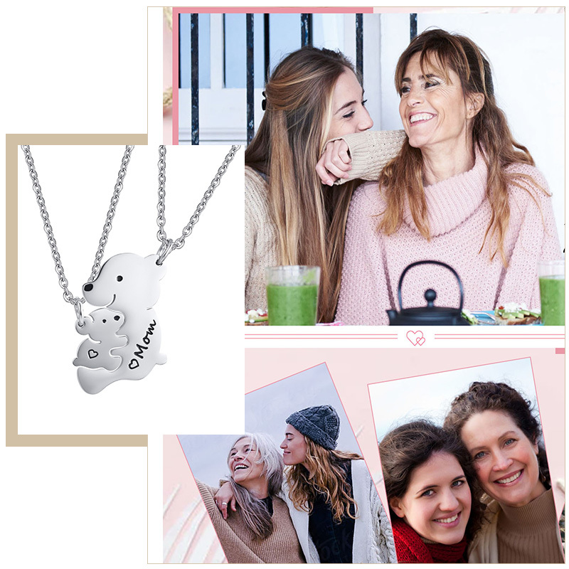 Vrouwen Ketting Set, Mama Moeder Baby Beer Hangers Met 20Inch Ketting, Schattige Dieren Hals Kraag, moederdag