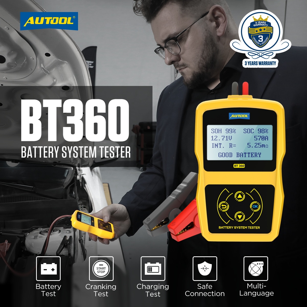 AUTOOL BT360 12V Car Battery Tester Cranking Charging Test nalyzer Digital Auto Automotive Diagnostic Batterys Analyze BT-360