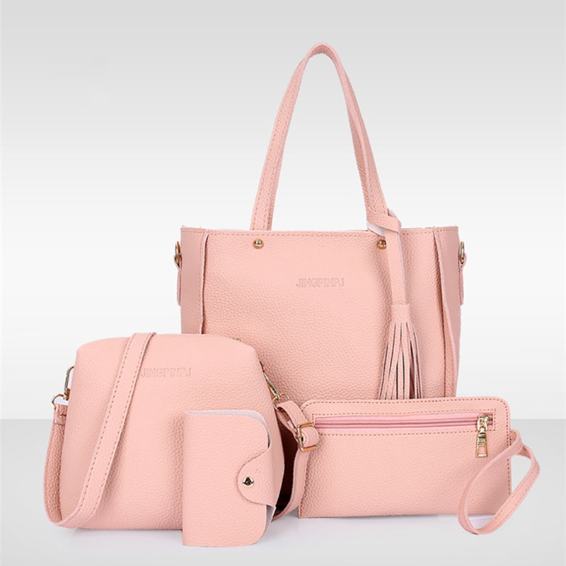 Conjunto de Tarjetero con asa superior para mujer, bolso de hombro con borla de gran capacidad, Cartera de cuero PU, cruzado, 4 Uds.