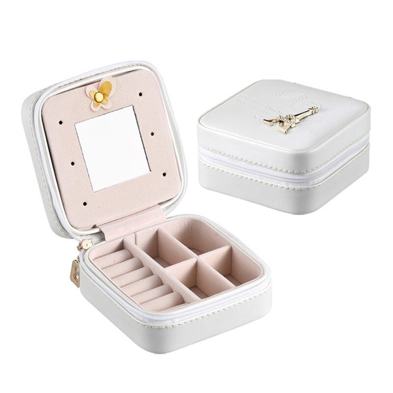 Guanya, novedad, Mini pendientes de tuerca, caja de joyería, organizador de maquillaje útil con cremallera, viaje, estuche de exposición portátil, para mujer: White 2layer Tower