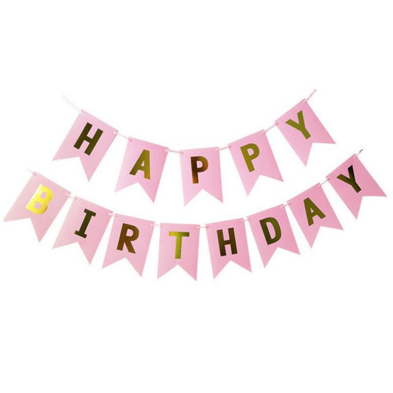 Guirnalda de papel para empavesado de banderas, cartel de feliz cumpleaños, suministros de decoración colorida para bebés y niñas, suministros de decoración para de cumpleaños: pink