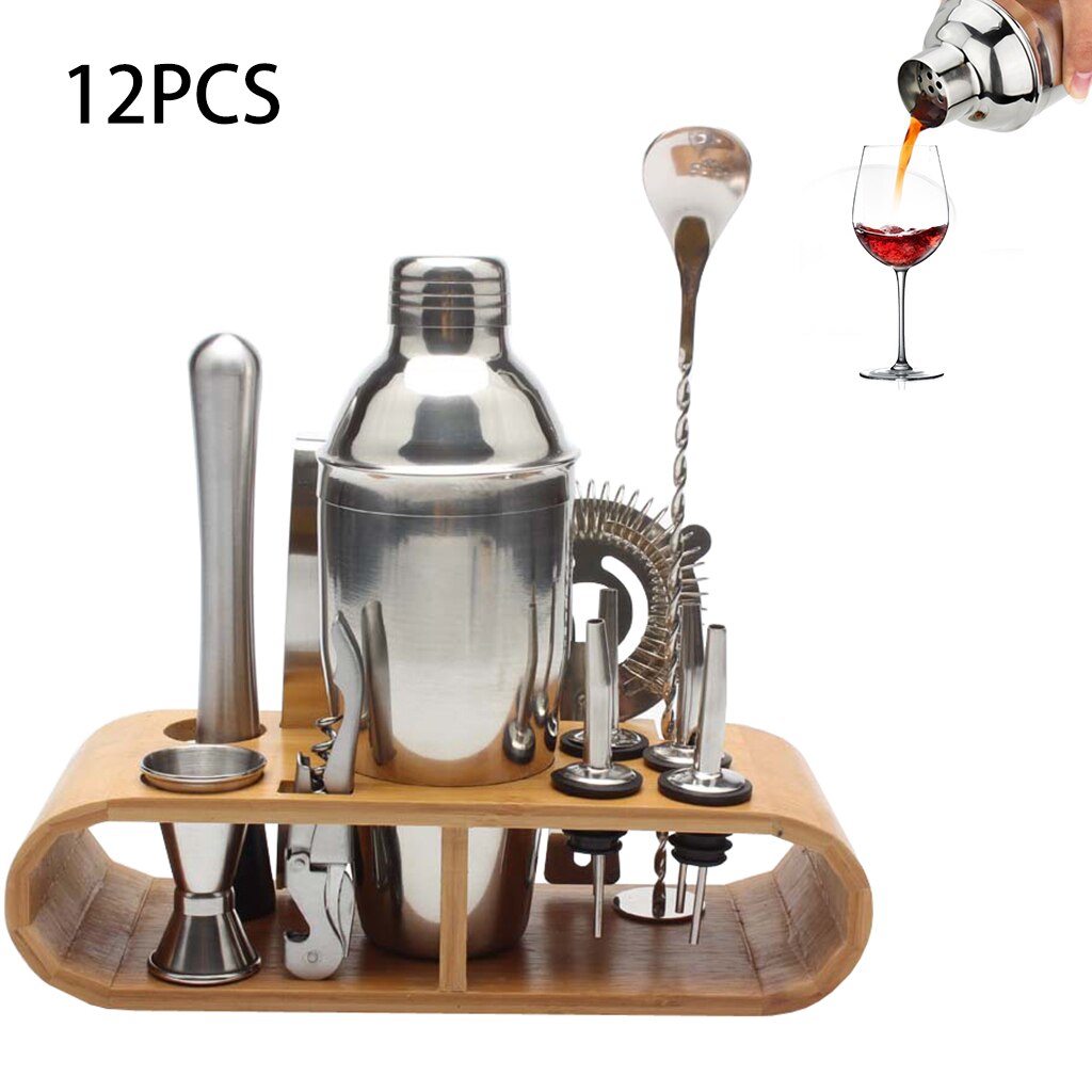 Cocktail Shaker Bartender Kit Stainless Steel Wine Drink Mixer Bartender Tool with Wooden Stand for Home Bar Party