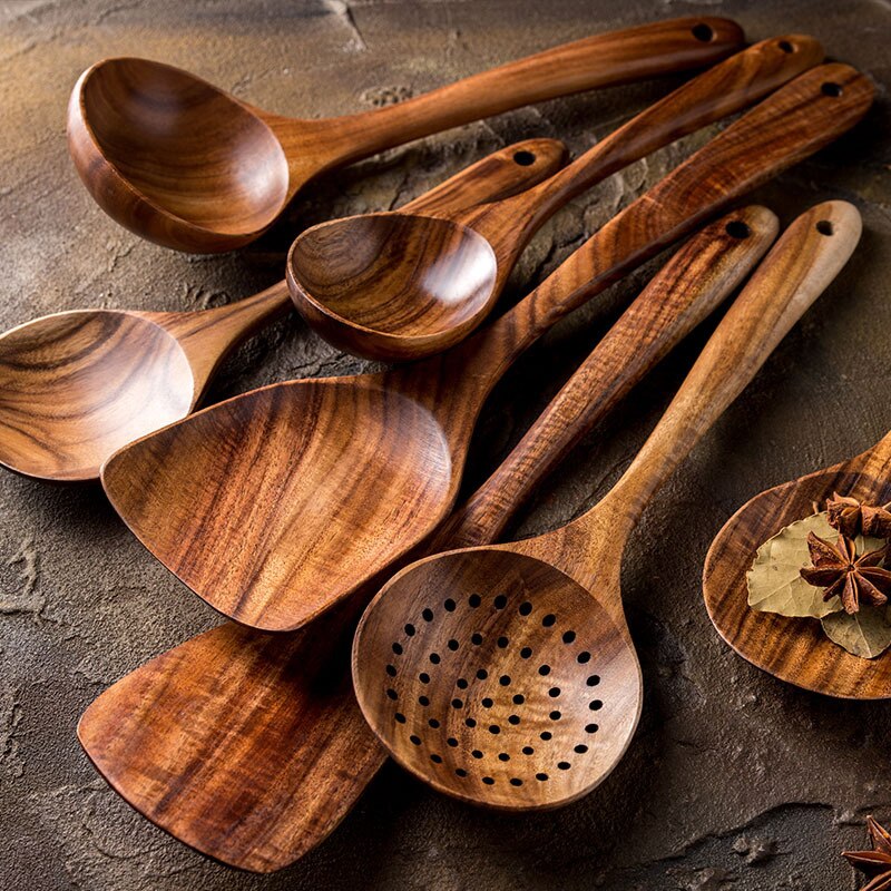 Cuchara de madera Natural teca tailandesa, colador de sopa, cucharas de cocina, cuchara de cocina