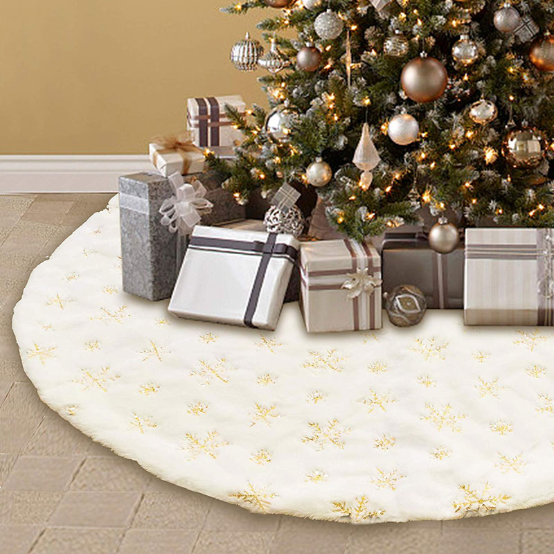 Sequin Christmas Tree Skirt Soft Plush Gold/Silver Snowflake Tree Mat White Faux Fur Party Decor 90cm/122cm