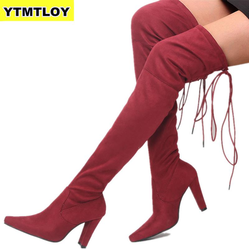 Taille 35-43 nouvelles chaussures femmes bottes noir sur le genou Sexy femme automne hiver dame cuisse haute cuisse bottes rouges
