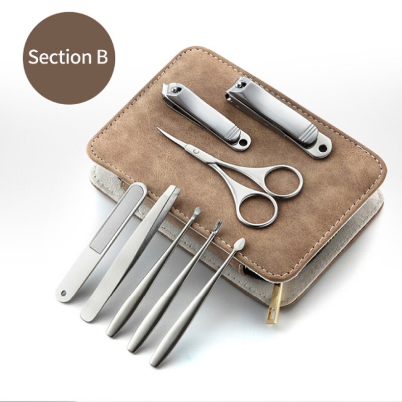 Juego de manicura y pedicura, cortaúñas de acero inoxidable, herramientas para cortar uñas, tijeras, Lima, Kit de recortador de cejas y pestañas: 8pcs-B