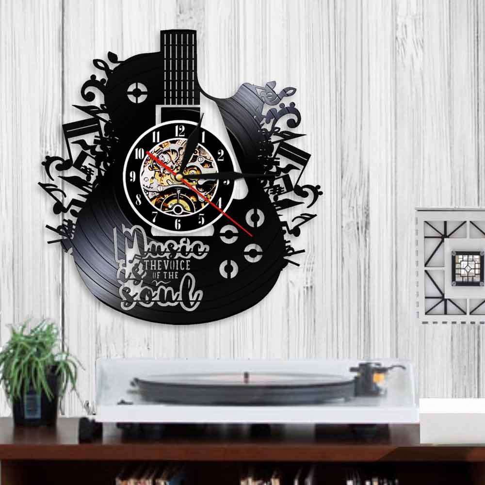Gitar form klassisk vinyl plate vegg colock veggkunst med 7 farger led lys for hjemme stue bar kontor dekorasjon