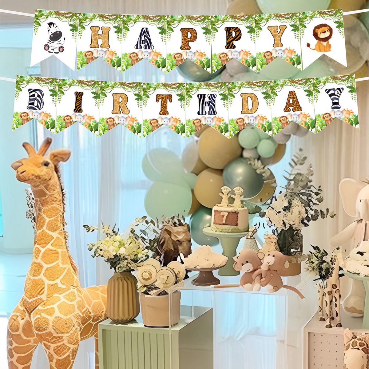 Pancarta de cumpleaños de animales del bosque, Safari de la selva, pancarta de primer cumpleaños para niños, jirafa Monekey, decoración de de feliz cumpleaños, banderas colgantes