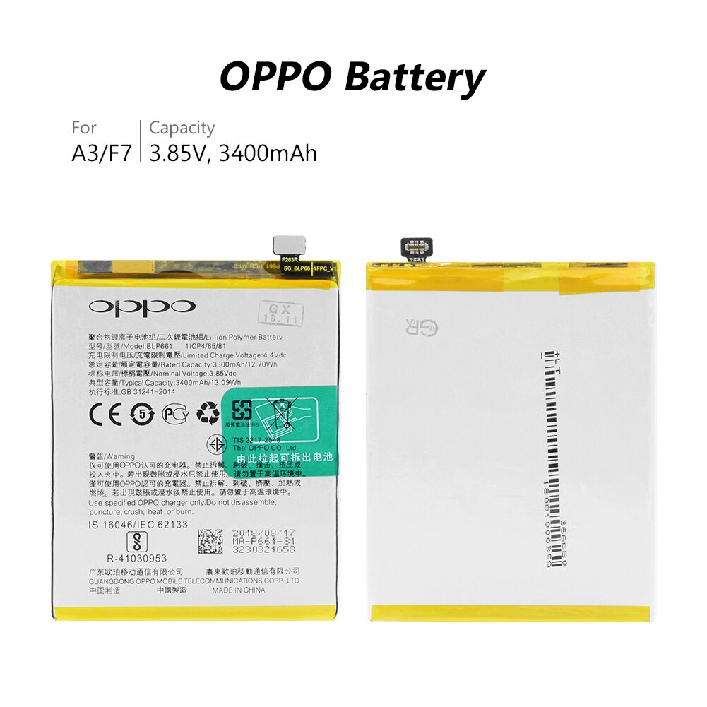 3.85V 3400mAh BLP661 Rechargeable li-ion Li-Po phone battery Lithium Battery For OPPO A3 Smart Phone High Capacity