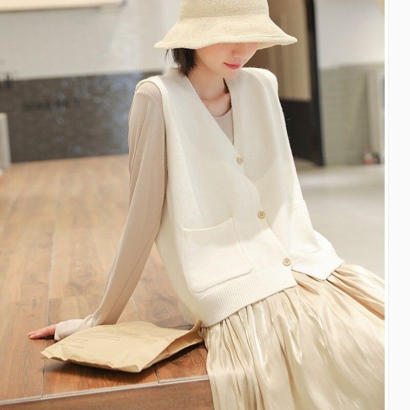 Swetry kamizelki damskie solidne pojedyncze piersiowe luźne studenci kolorowe kieszenie koreańskie kobiece modne bez rękawów eleganckie wszystkie mecze nowe ins