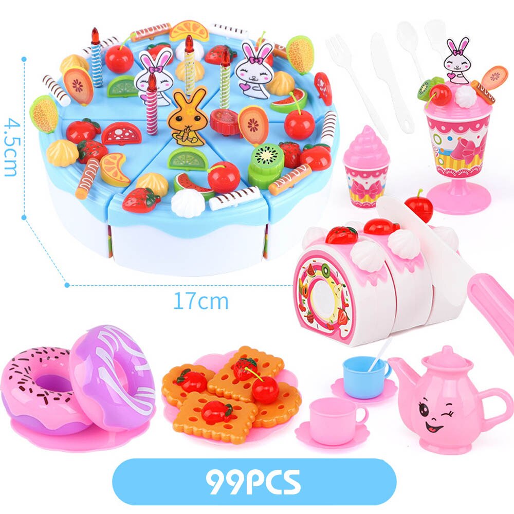 103Pcs Diy Fantasiespel Fruit Snijden Verjaardagstaart Keuken Voedsel Speelgoed Cocina De Juguete Speelgoed Roze Blauw Meisjes voor Kinderen: 99pcs blue