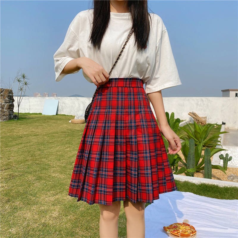 Qiukichon – jupe plissée rouge à carreaux pour femmes, style anglais Preppy, taille haute, élastique, grande taille, printemps été