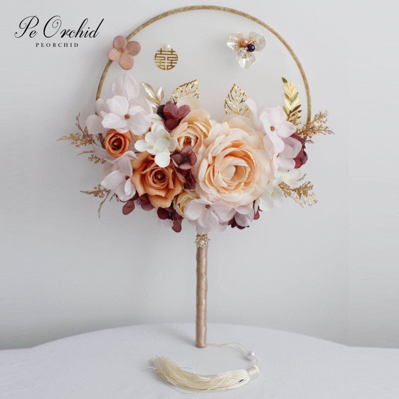 PEORCHID-ramos de novia clásicos de champán, flores artificiales chinas, Vintage Palace, redondos, abanico de mano, broche de ramo de bodas: Blanco
