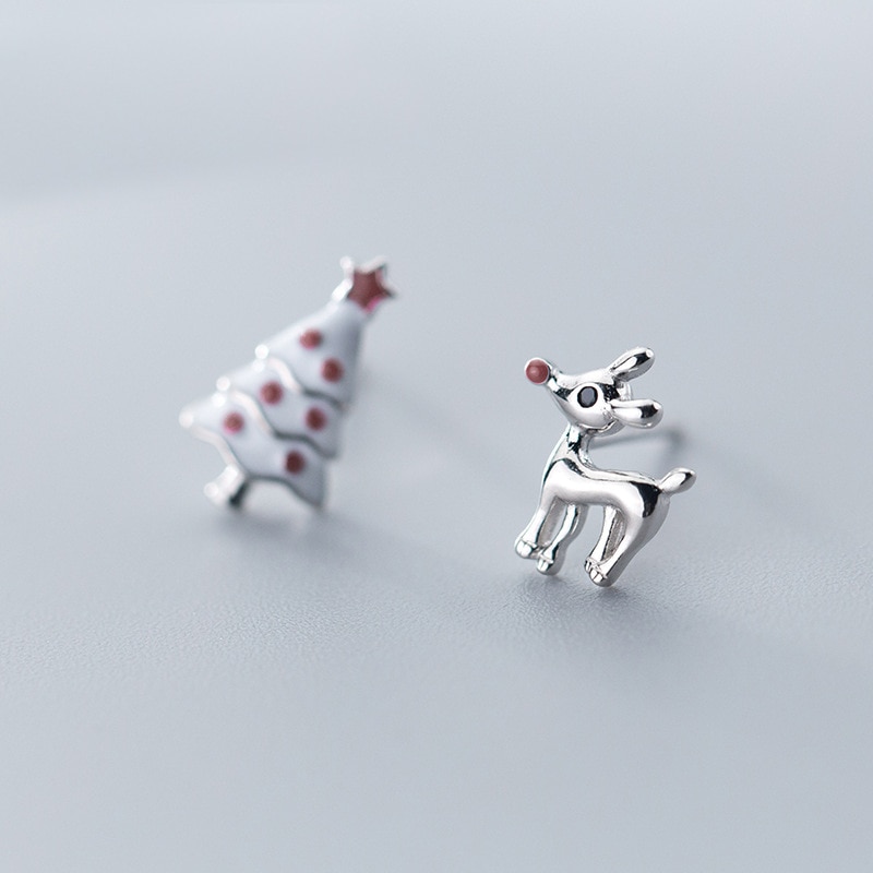 MloveAcc 925 Sterling Silver Stud Earrings Deer Christmas Tree Asymmetrical Earrings for Women Girl Christmas Jewelry