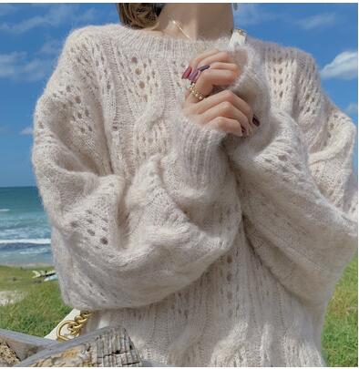 Wit Chic Mohair Trui Herfst Lange Mouwen Hollow Out Trui O-hals Casual Truien Vrouwen Jumper Zoete Trui: Apricot