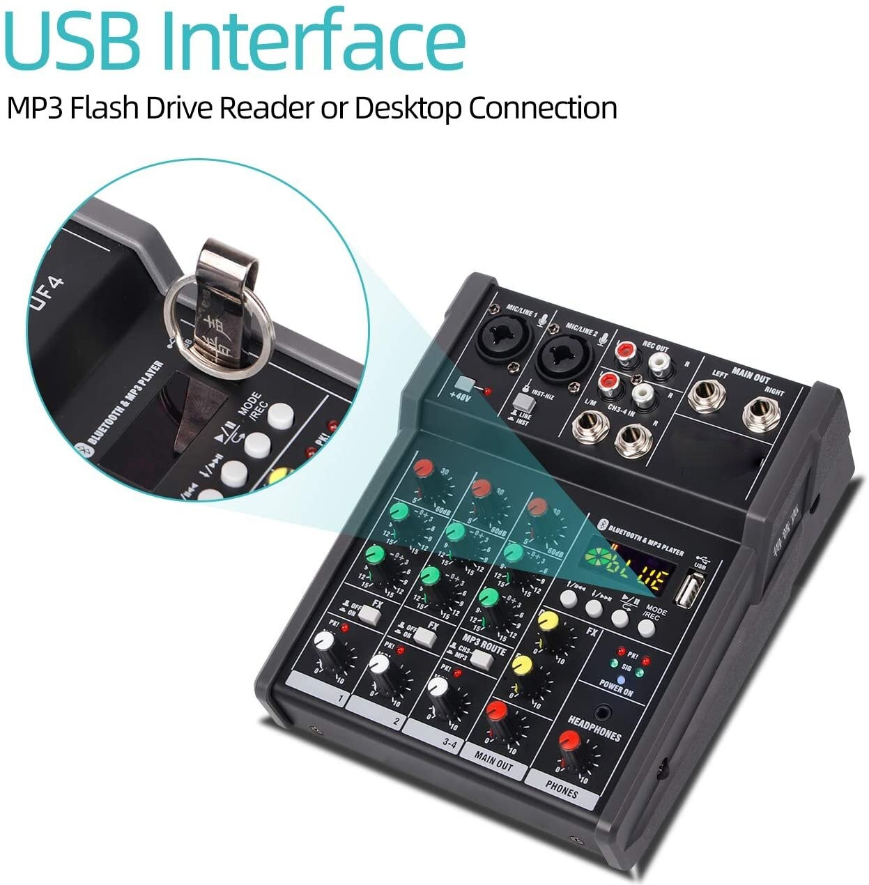 A4 Sound Mixing Console Bluetooth USB Record Computer Playback 48V Phantom Power Delay Repaeat Effect 4 Channels USB Audio Mixer