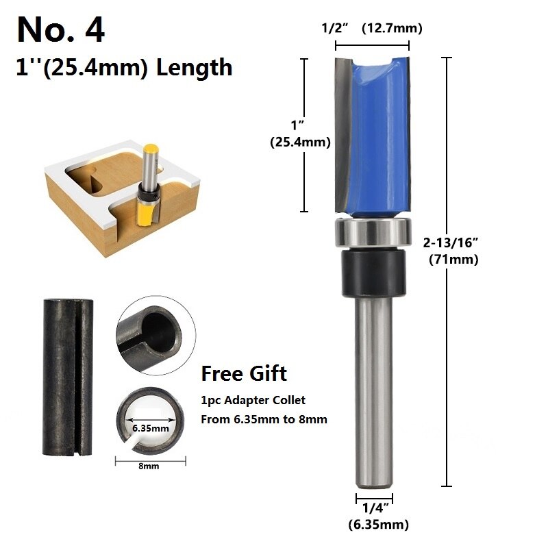 1pc 1/4''(6.35mm) 8mm Shank Flush Trimming Router Bit Pattern Wood Milling Bit Template Trim Milling Cutter Straight Router Bit