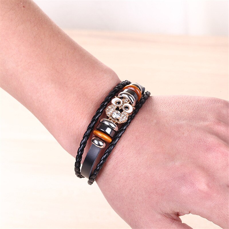 Zoshi pulseira de couro pu com design original, pulseira de coruja de strass com contas, moda feminina, pulseira casual para homens