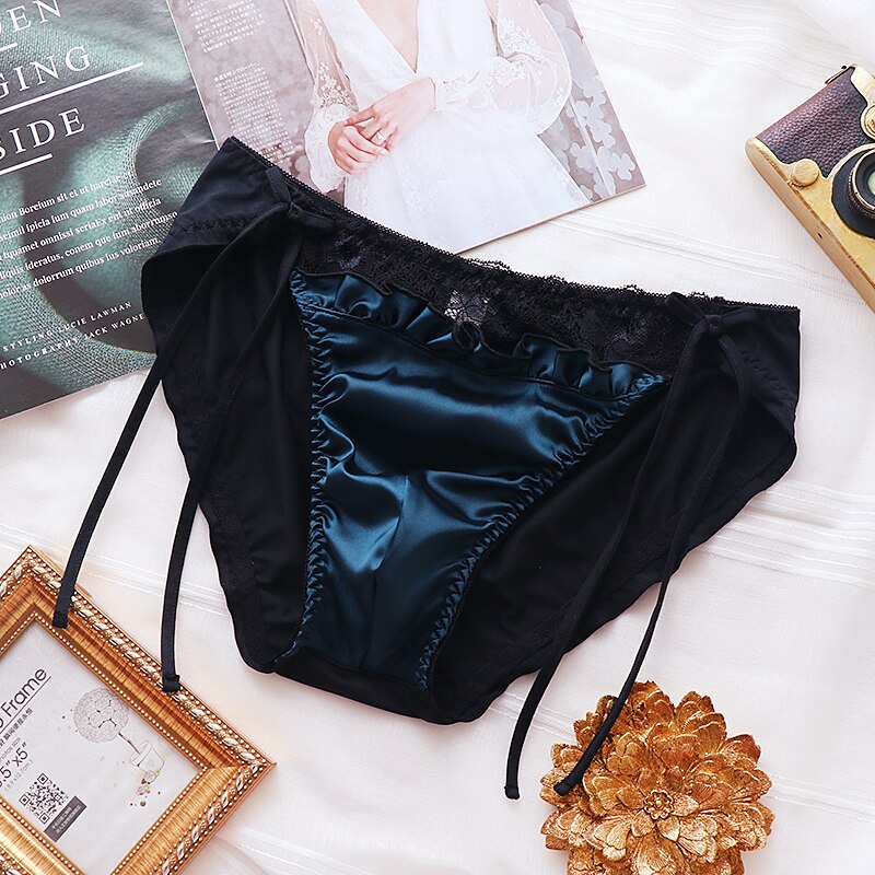 Männer Unterhose Seide sexy Weiche Unterhose Spitze T Höschen Reine Farbe Atmungsaktivem Homosexuell Unterwäsche Männlichen Schlauch Dessous: Pfau Blau / M