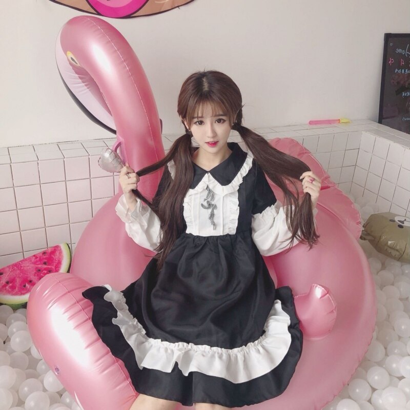 Japanese Lolita Dress Sweet Cute Kawaii Girls OP Princess Maid Vintage Ruffles Dress Women Gothic Long Sleeve Black Party Dress