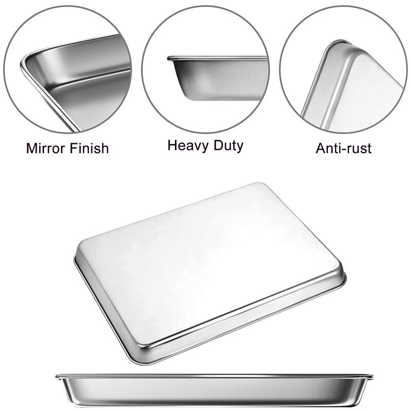 Baking Sheet Pans for Toaster Oven, Small Stainless Steel Cookie Sheets Metal Bakeware Pan, Sturdy & Heavy Rectangle Tray , 3 Pi