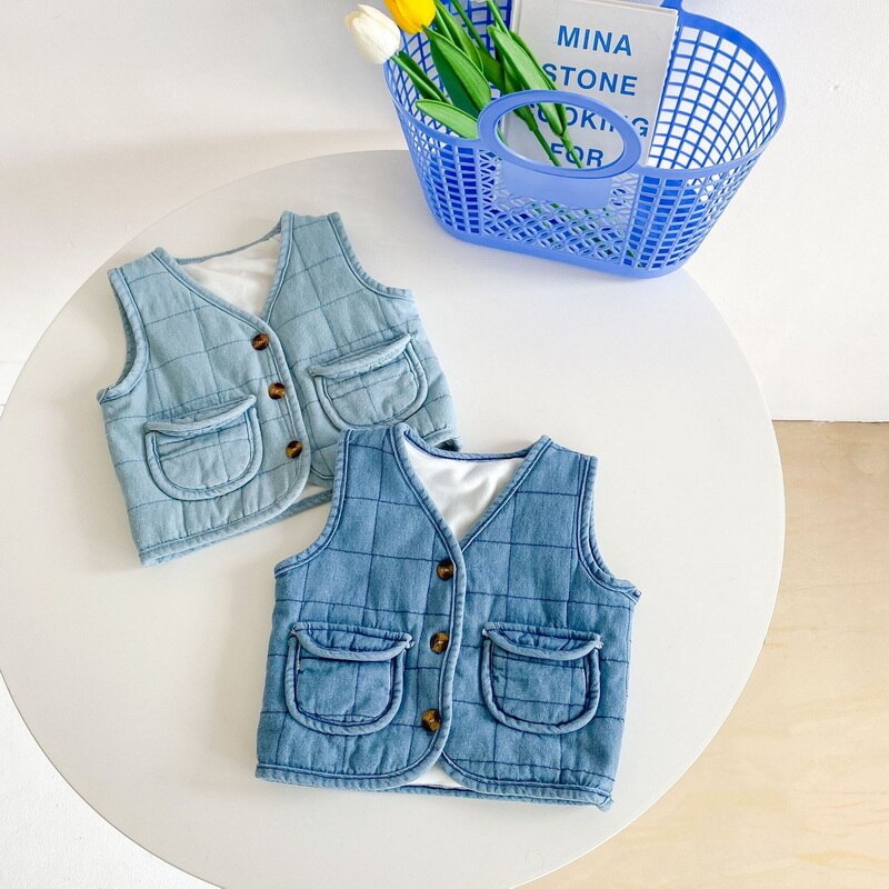 Winter Meisjes Jongens Vest Blauw Denim Mouwloze Single Breasted Button Pocket Wol Fleece Vesten Kids Dikke Jas E5007