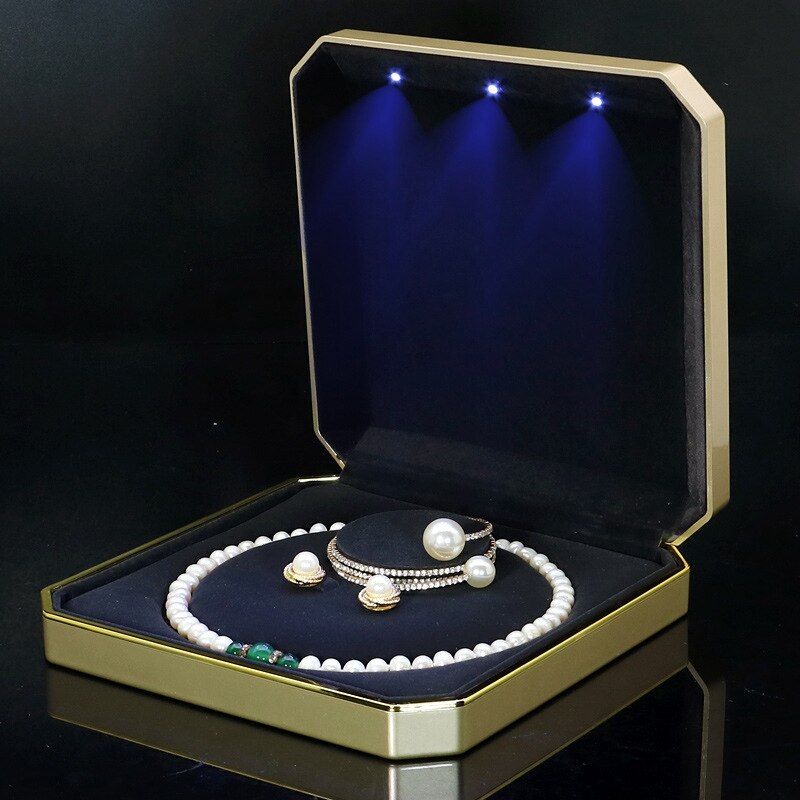 LED bijoux grand ensemble boîte organisateur perle boucle d'oreille collier affichage coffrets pour mariage pliable en plastique bijoux mallette de rangement: Gold style 1
