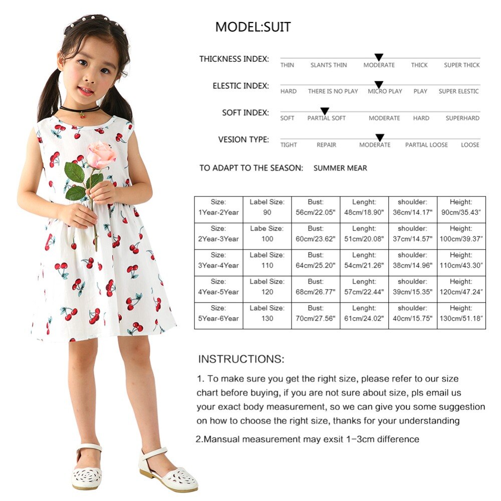 Summer Cotton Cherry Bow Decor Princess Dress Floral Vest Dresses for Girls