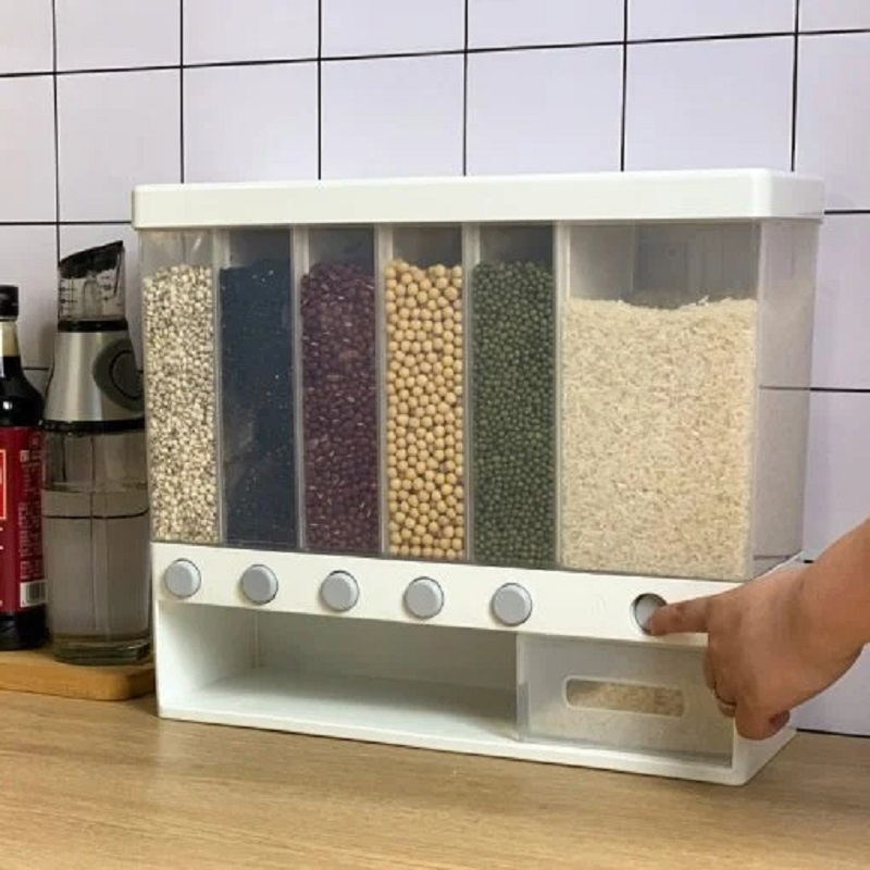 Dispensador de arroz y cereales montado en la pared, 6 estantes automáticos a prueba de humedad, caja sellada de almacenamiento de alimentos, contenedor de almacenamiento de arroz: Default Title