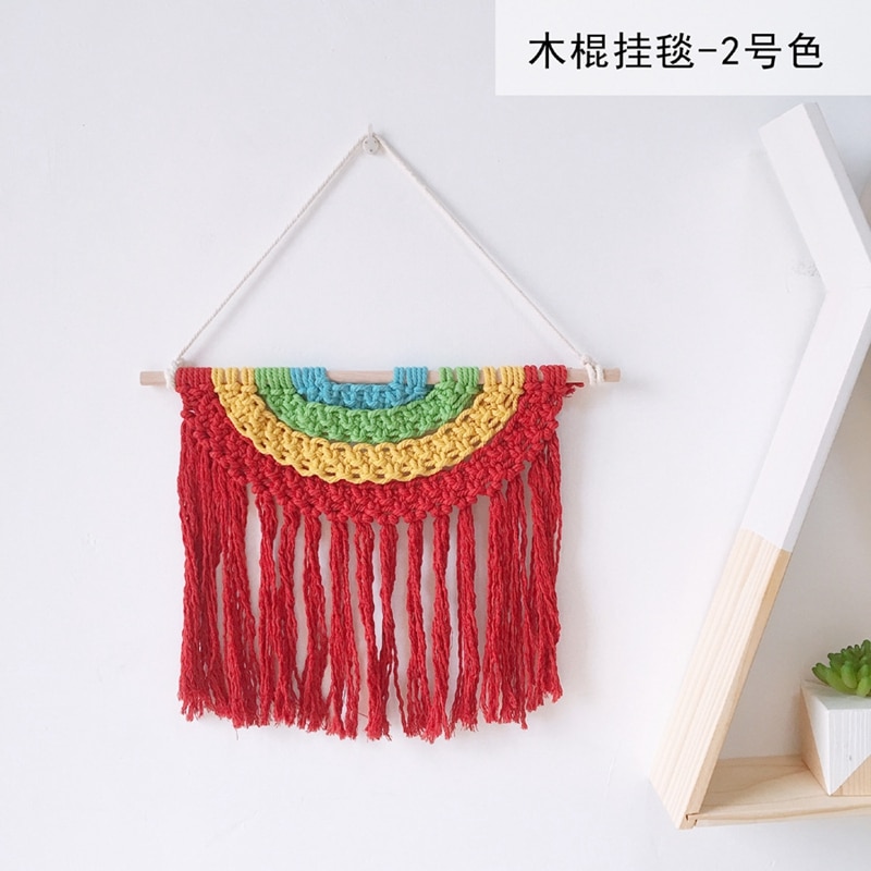 Babykamer macramé gebreid wandkleed met kwastje bohemian handgemaakte gevlochten regenboog houten wandhanger kunst kinderkamer boho decoratie