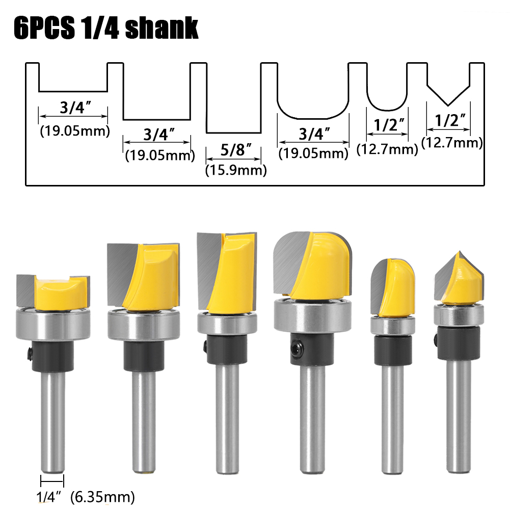 1/4"&amp; 6mm Shank Pattern Bit Flush Trim Bit Straight Bit with Bearing Hinge Mortising Router Bit Wood Trimmer Cutter: 6PCS 6.35mm shank