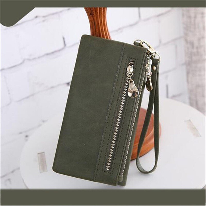 Women Wallets Dull Polish Leather Wallet Double Zipper Day Clutch Purse Wristlet Portefeuille Handbags Carteira Feminina: army green