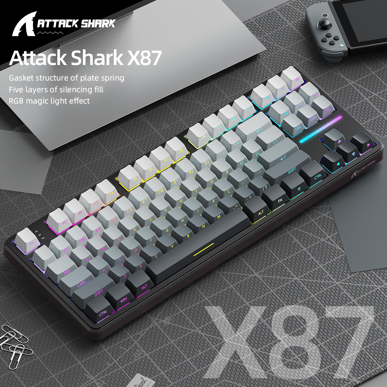 Klawiatura do gier Attack Shark X87 Macro Drive, klawiatura mechaniczna Bluetooth z grawerowaną bokiem półprzezroczystą postacią, RGB, Hot-Swap