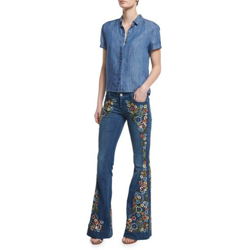 Femmes broderie Flare jean bouton taille cloche bas Denim pantalon été décontracté pantalon 2.22
