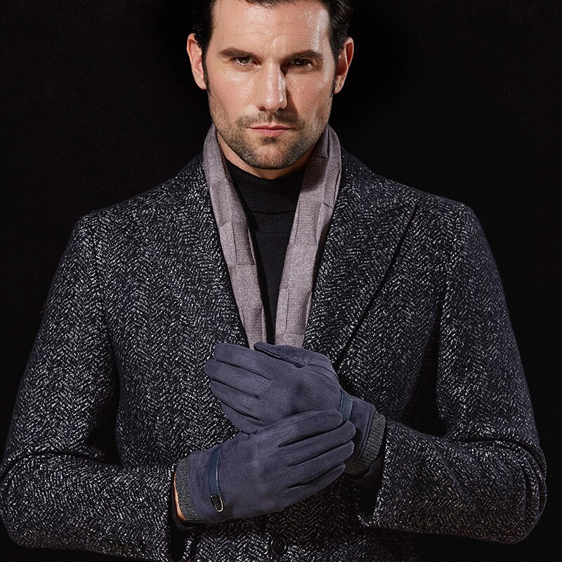 Guantes para conducir de gamuza para hombre, invierno, mantener el calor, además de terciopelo, pantalla gruesa, guantes de invierno a prueba de viento, cuenco de punto, boca, dedo completo: DY07 Navy