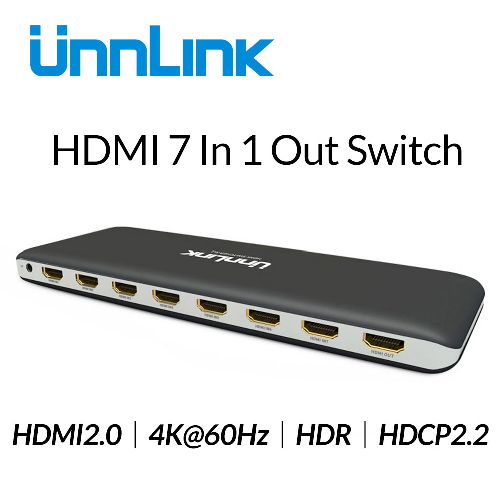 Unnlink hdmi switch 7 x 1 hdmi 2.0 uhd 4k @ 60hz 10 bit hdr hdcp 2.2 3d med ir for xbox one s/x  ps4 pro led smart tv mi box 3 projektor
