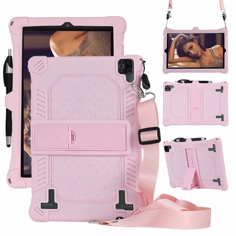 Funda de silicona blanda para tableta PC de 10,1 pulgadas, 25x16cm, 10,1 pulgadas, 3G/4G, Android, a prueba de golpes, bolígrafo y correa: pink