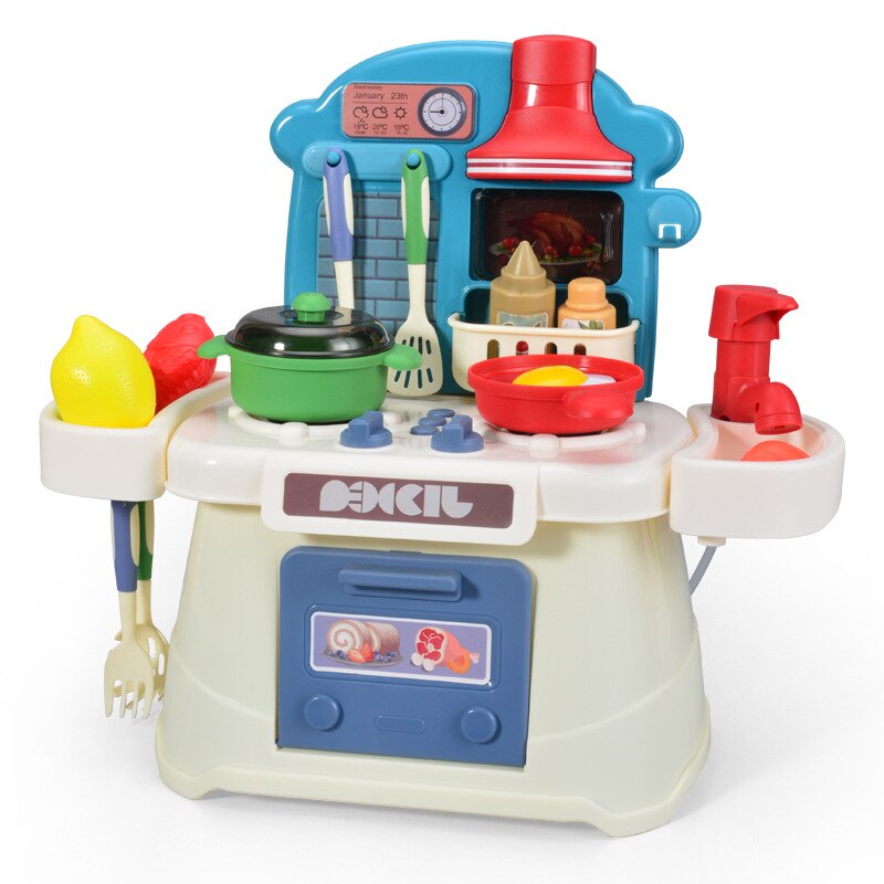 Fille jouer maison cuisine jouet ensemble éducatif bricolage lumières son presse eau extracteur enfants jouer maison transfrontalière: Blue